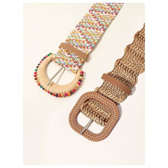 Women's 2 Pack Buckle Elastic Straw Belts Boho Waist Belt Multi And Brown Suit🐼 - Picture 3 of 3